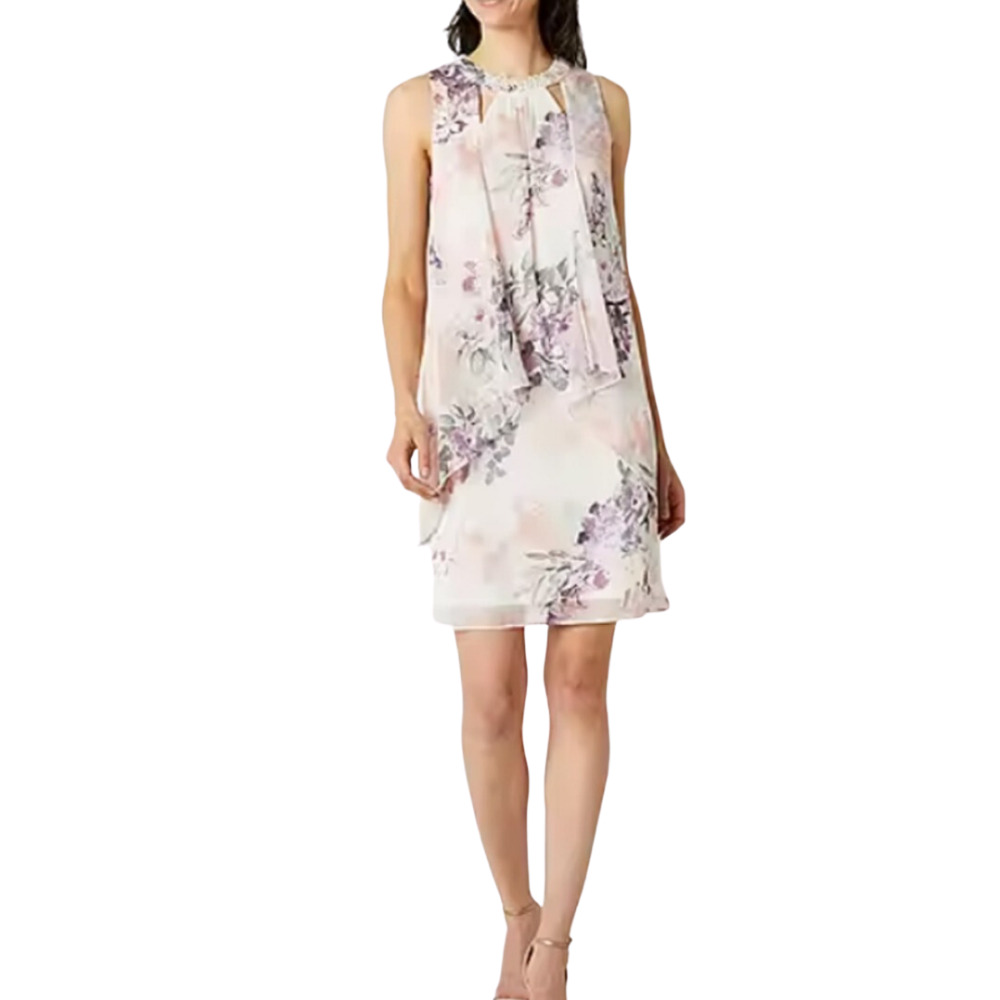 SLNY Pearl Neck Floral Shift Dress Size 14P Chiffon Sleeveless Cottage Easter